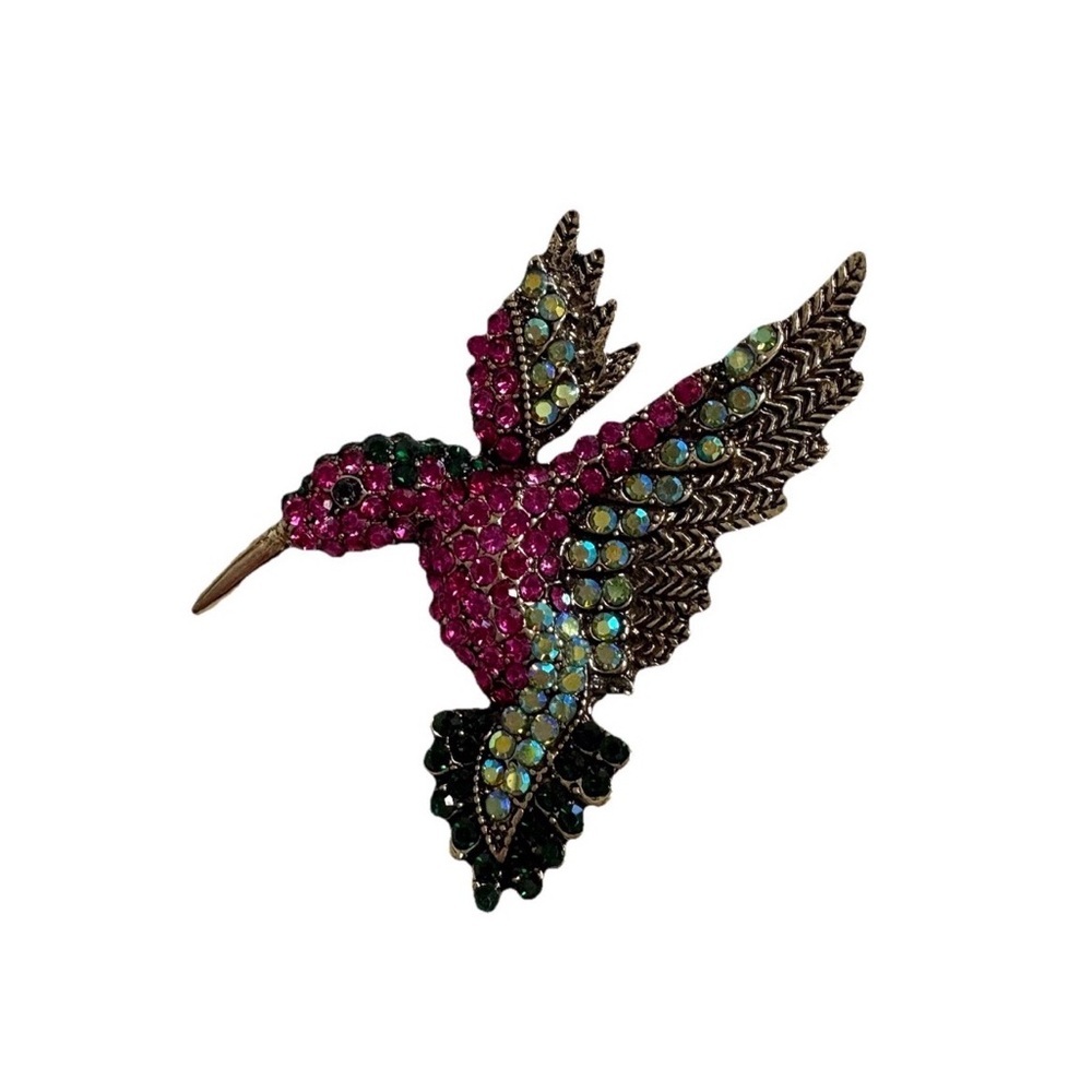 Vintage Pink Rhinestone Hummingbird Brooch Pin Cocktail Brass Tone